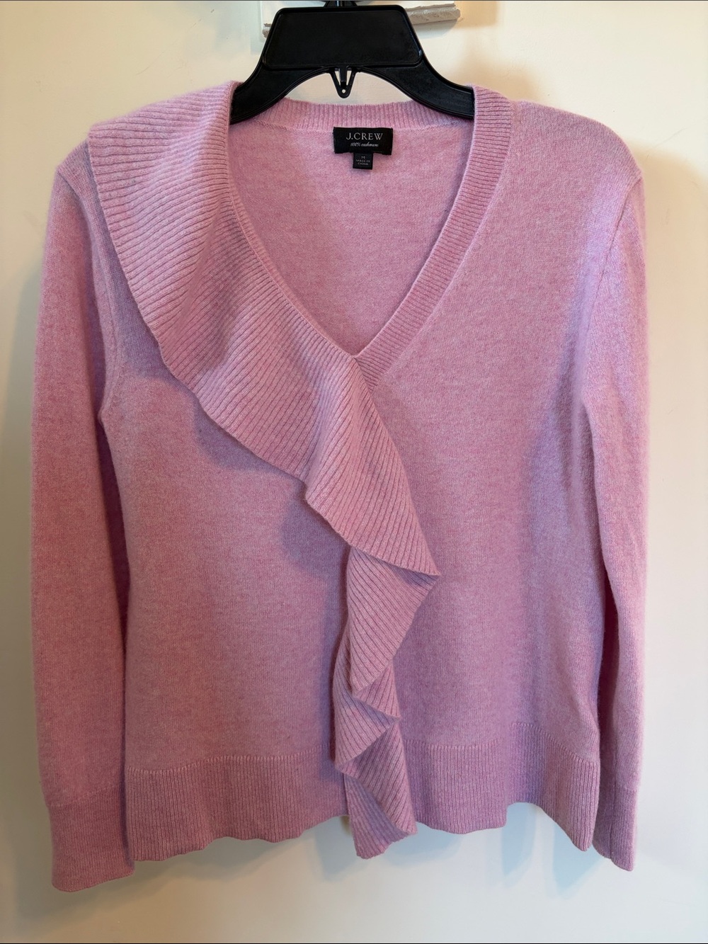J.Crew 100% Cashmere Ruffle Sweater M Pink V Neck Long Sleeve